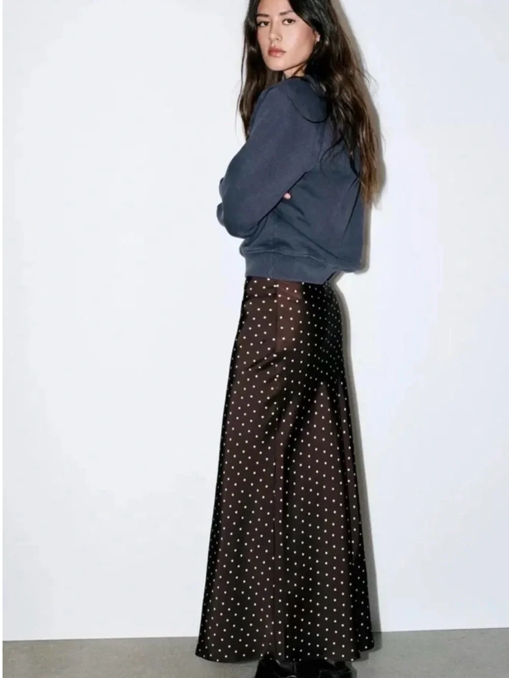 Zara Black Polka Dot Satin Maxi Skirt - Picture 2 of 9